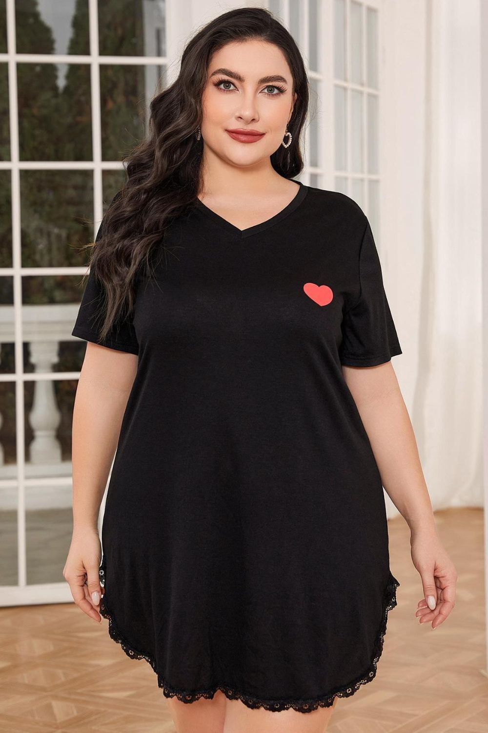 Plus size lace trim V-neck short sleeve night dress by Shopimist, featuring soft fabric and elegant lace detailing.