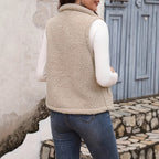 Women's Plush Stand-Up Collar Zip Vest – Sleeveless with Pockets
