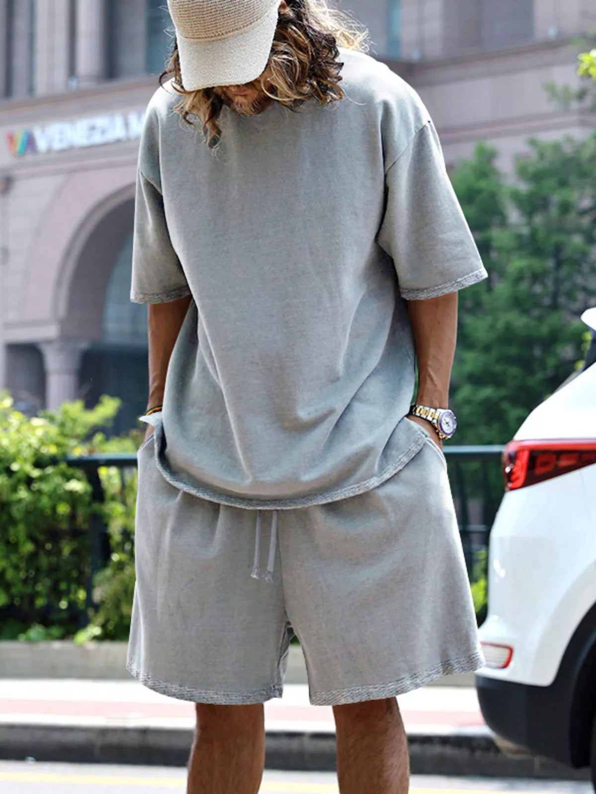 Men's relaxed fit T-shirt and shorts set by Plush Fashion Hub, plus size casual tops and shorts for comfortable everyday wear.