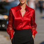 Solid color satin long sleeve shirt for women, versatile and loose fit, stylish satin blouse by LadyShow.Store.