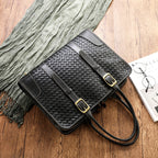 Women's hand-woven leather handbag by Plush Fashion Hub, vegetable-tanned full-grain cowhide with a textured woven design.