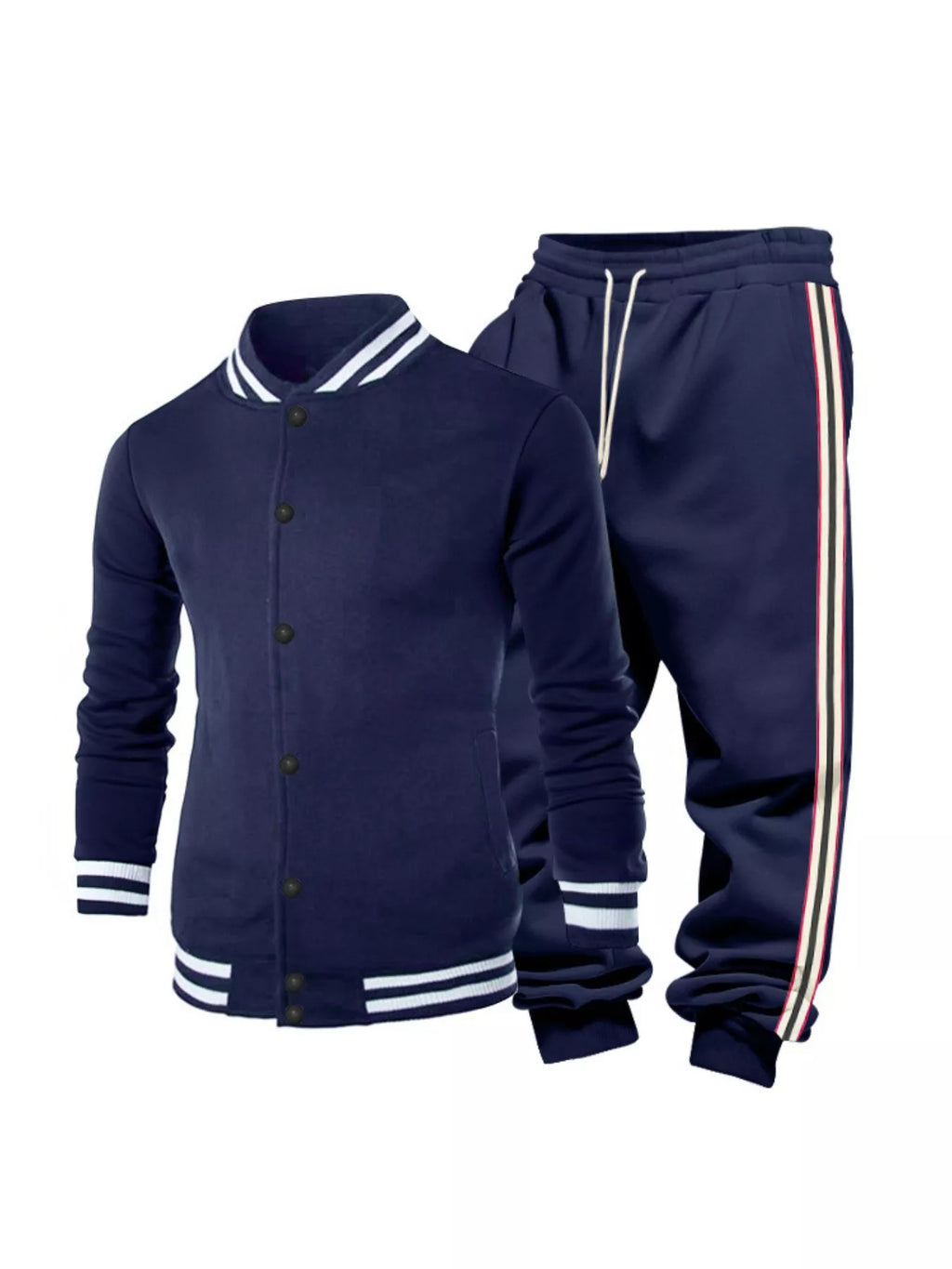 Men's plus size striped snap-down top and pants set by Trendsi, featuring a stylish casual look in full size.