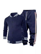Men's plus size striped snap-down top and pants set by Trendsi, featuring a stylish casual look in full size.