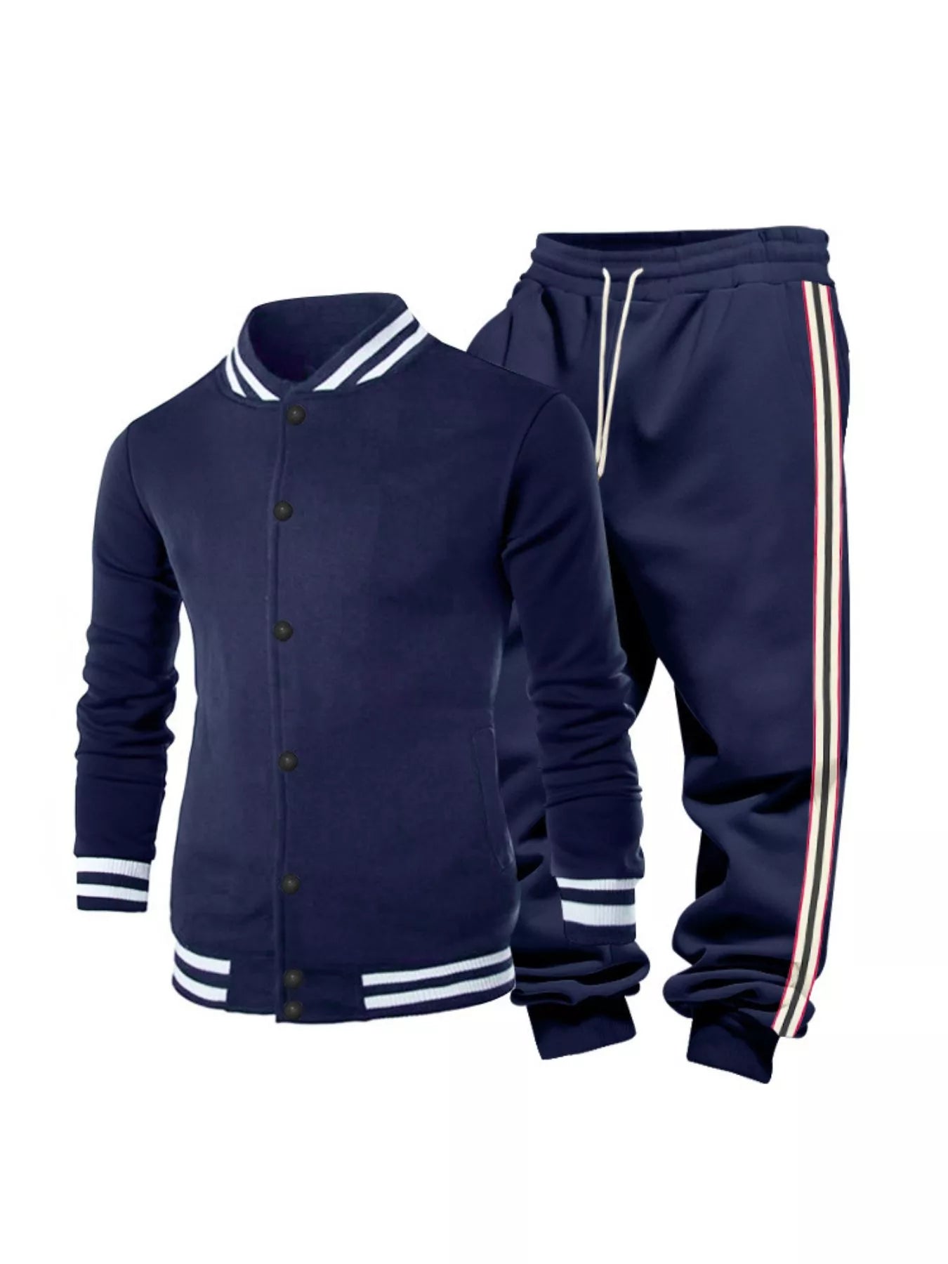 Men's plus size striped snap-down top and pants set by Trendsi, featuring a stylish casual look in full size.