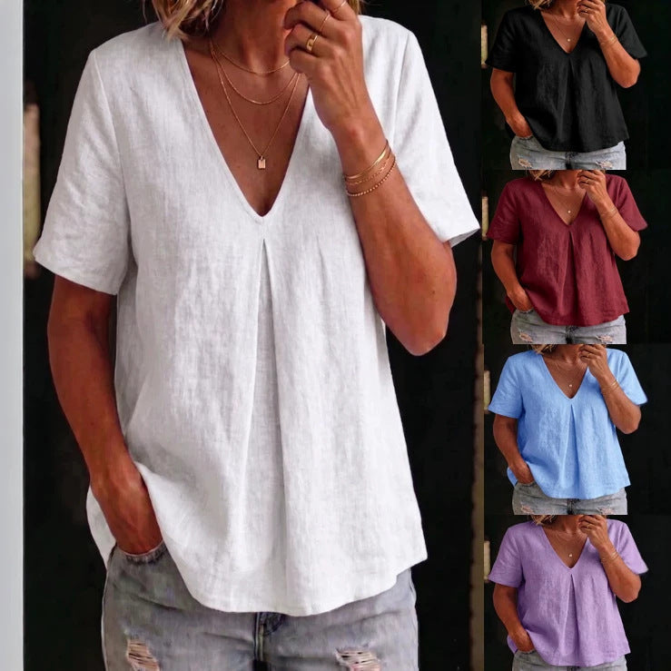 Women's pleated cotton-linen short-sleeve shirt by FitiqueFit, shown in five colors, with a relaxed fit and classic collar.
