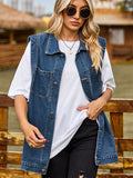 VYSN button down denim vest with classic collar and sleeveless design, casual fashion clothing for versatile styling.