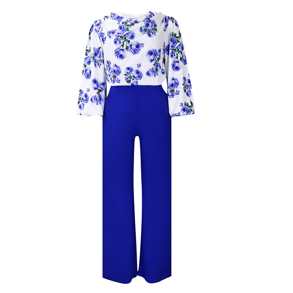 FitiqueFit printed floral lace-up casualwear set with wide-leg pants in four colors, featuring a stylish top and comfortable fit.