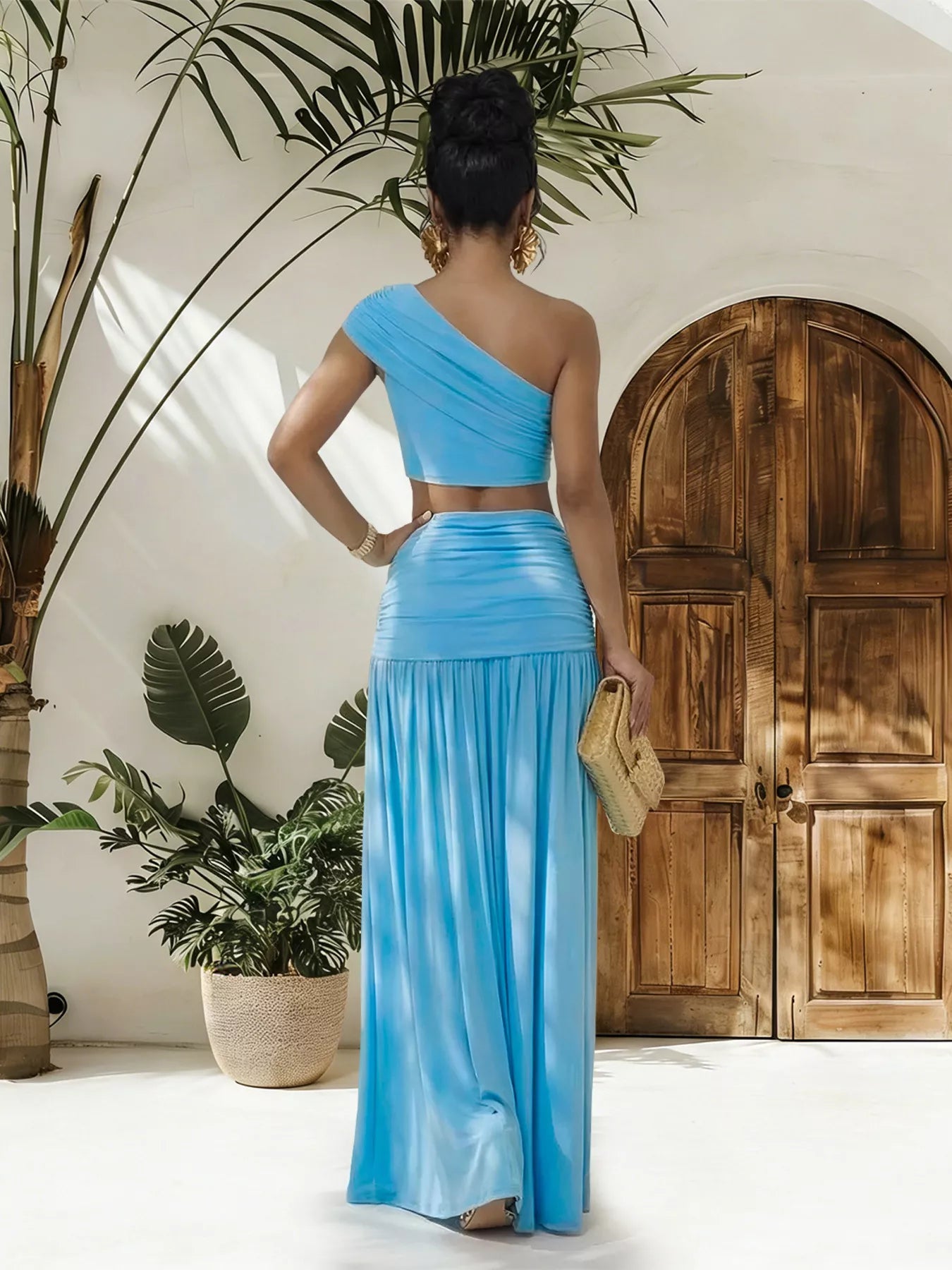 Plush Fashion Hub one-shoulder top and ruched maxi skirt set, stylish coordinated outfit with elegant design and fitted silhouette.