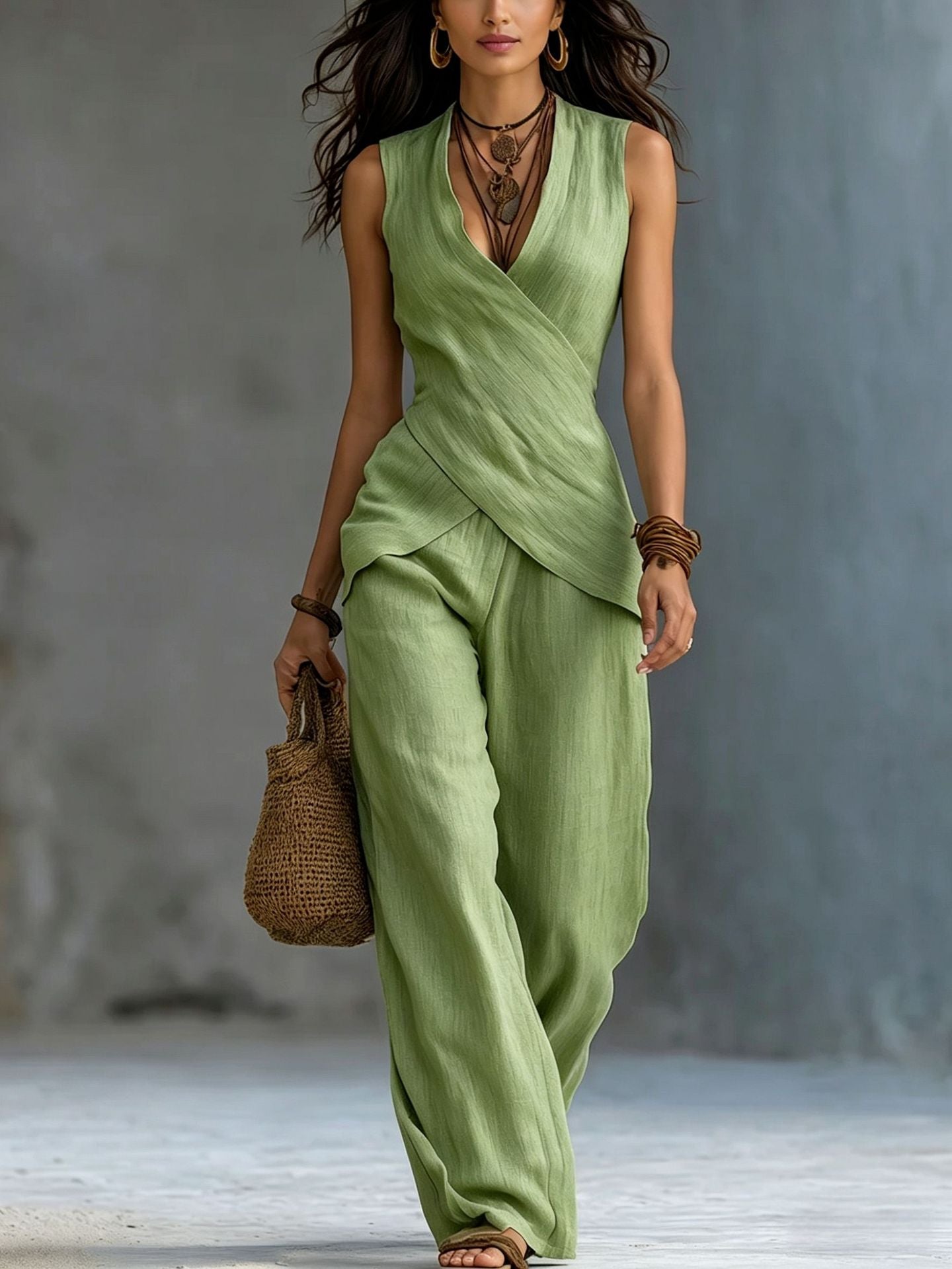 Women's V-neck crossover tank top and casual trousers two-piece set by FitiqueFit, featuring comfortable fabric and stylish design.