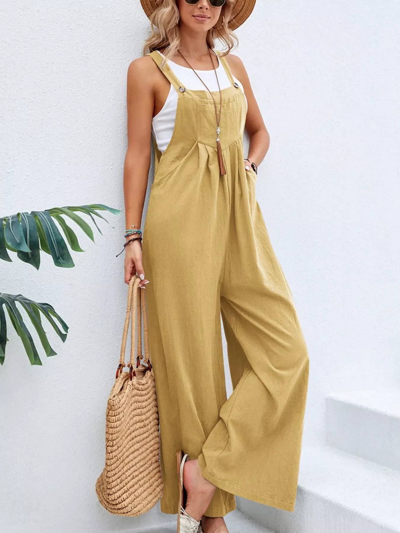 Full size casual wide-leg overalls with pockets, plus size, made by Shopimist, shown on a model with a relaxed fit.