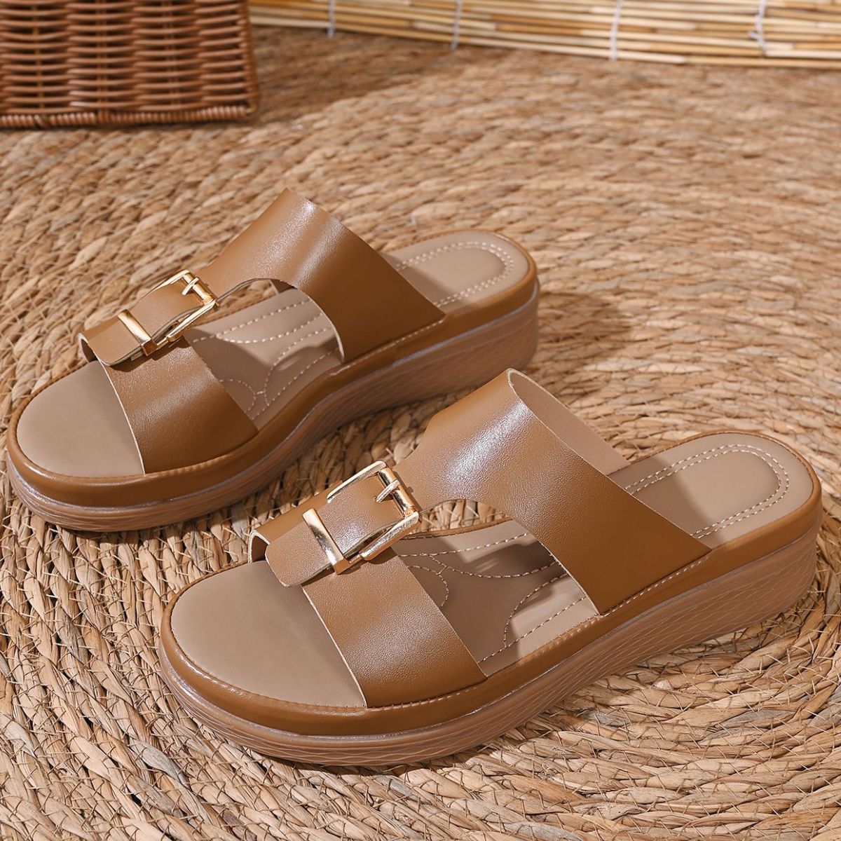 Open toe buckle sandals by Shopimist featuring stylish straps and a comfortable heel, perfect for casual or dressy summer wear.