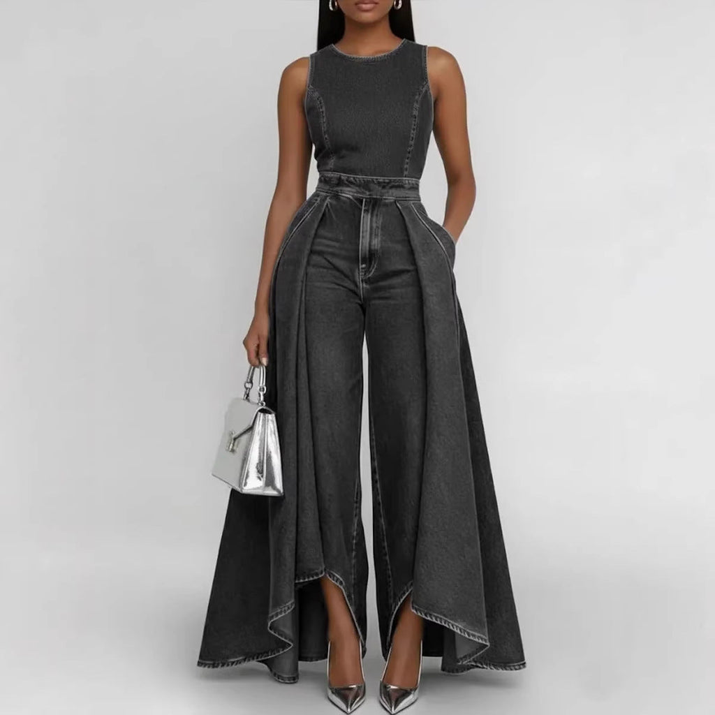 Women’s sleeveless wide-leg denim jumpsuit by Plush Fashion Hub, casualwear with a crew neck and relaxed fit in classic denim.