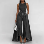 Women’s sleeveless wide-leg denim jumpsuit by Plush Fashion Hub showcasing casualwear with a crew neck and relaxed fit.