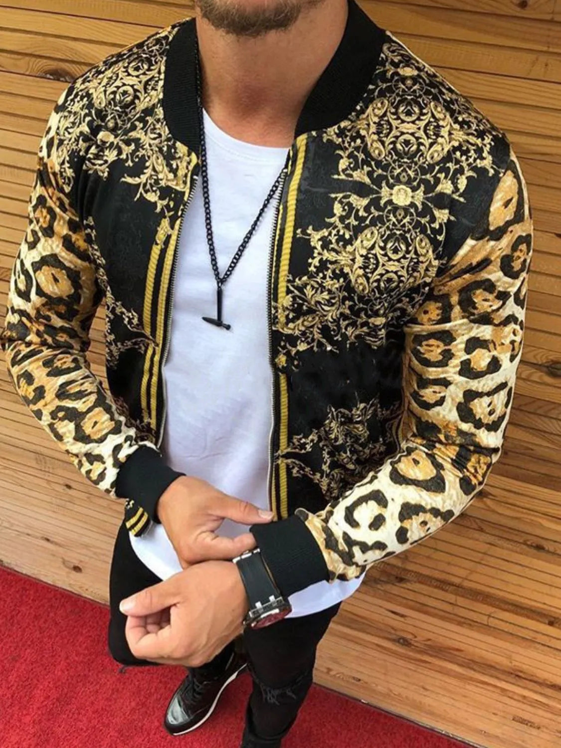 Men's printed zip-up hoodie with long sleeves, plus size, from Trendsi, featuring vibrant graphic design on the front.