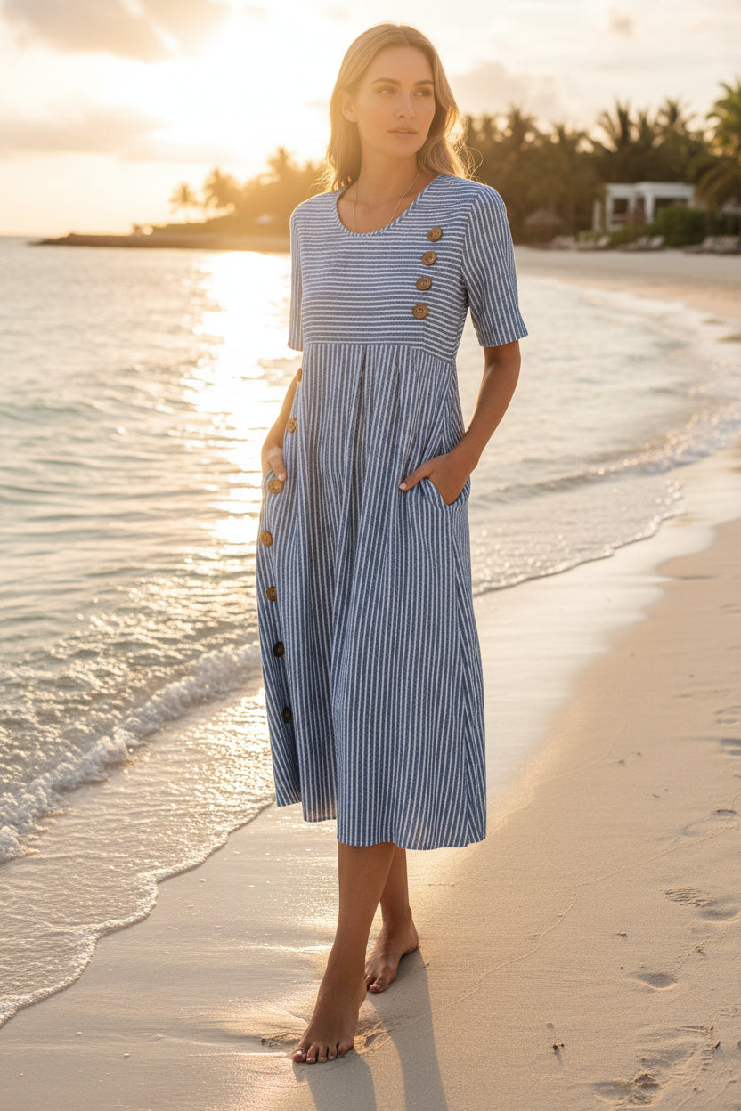 FitiqueFit button-down swing maxi dress with short sleeves, pockets, and a pullover design, shown on a model.