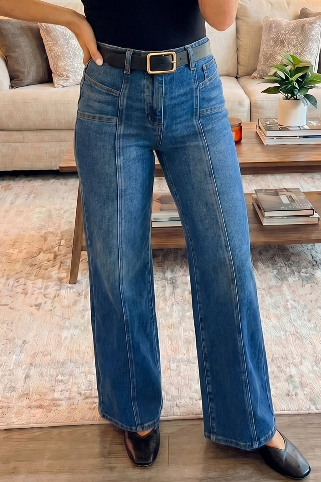 Yusra Seam Detail Shift Jeans by Threaded Pear, showcasing classic denim with distinctive seam details and a relaxed fit.