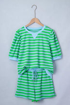 Stripe Colorblock Detail Puff Sleeve Top Drawstring Shorts 2pcs Outfit