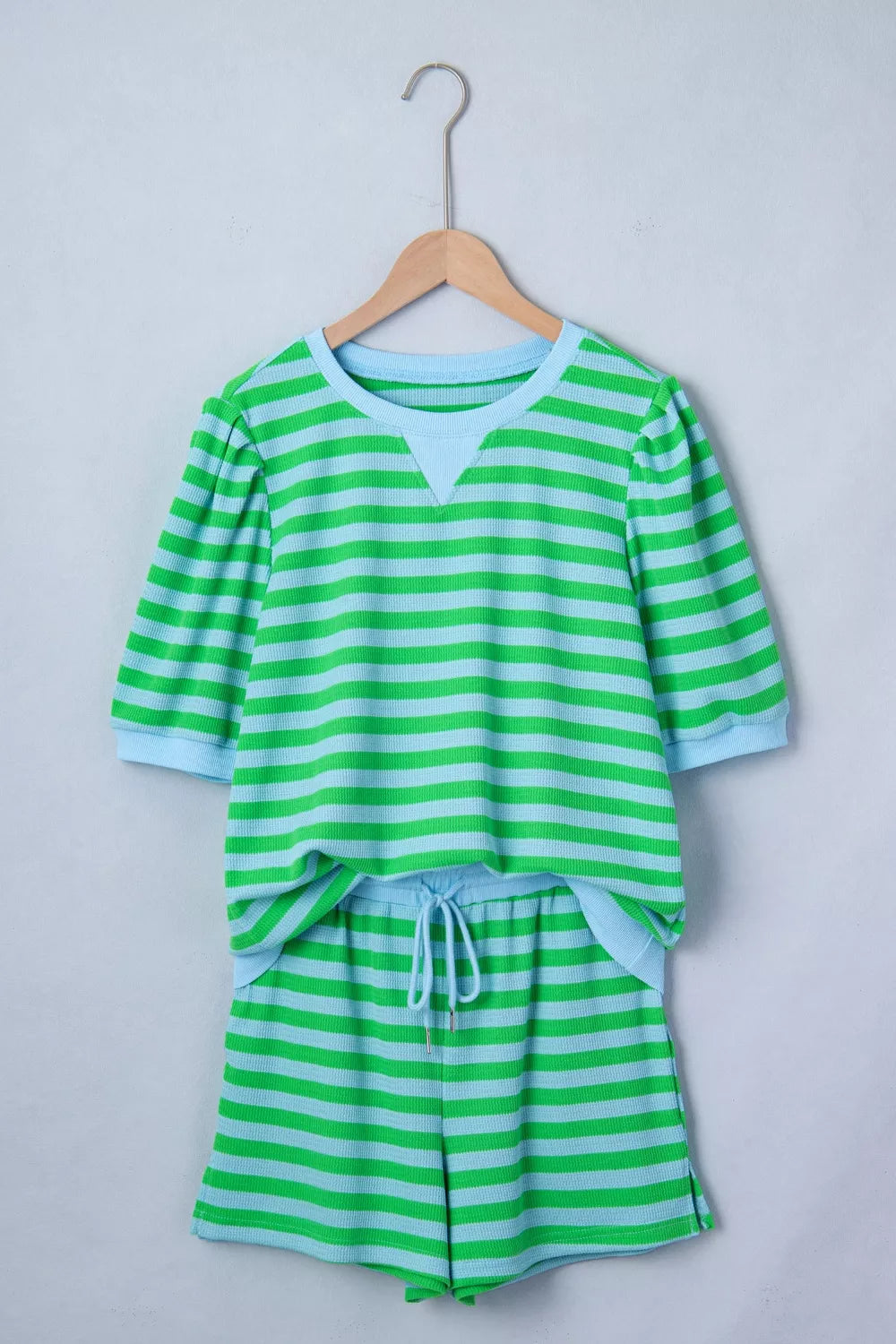 Stripe colorblock puff sleeve top and drawstring shorts matching set by Plush Fashion Hub, shown in a coordinated outfit image.
