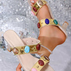 Women's open toe block heel sandals in faux leather with comfortable design, stylish for casual or dressy occasions.