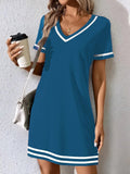 Women's contrast-color V-neck A-line dress by FitiqueFit featuring short sleeves and a mid-rise fit, displayed on a hanger.