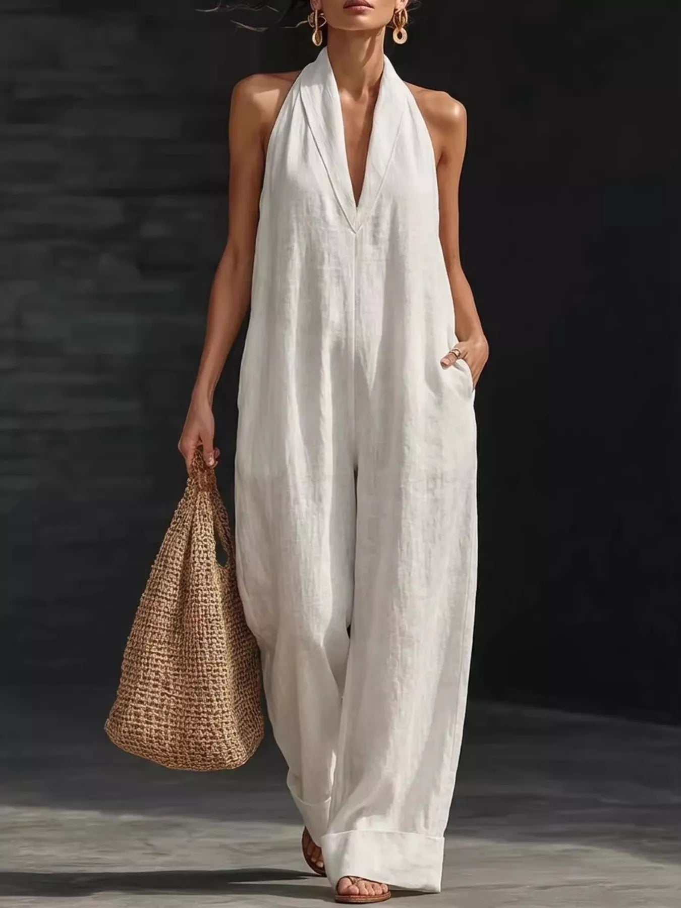 Halter neck wide-leg jumpsuit by Trendsi, featuring a stylish design with a fitted bodice and flowing wide-leg pants.