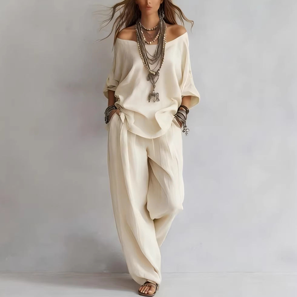 FitiqueFit chiffon puff-sleeve top and wide-leg pants casualwear set in multiple colors, shown on a model.