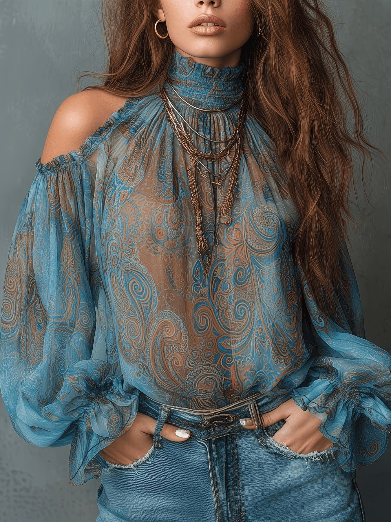 Women’s retro cashew print off-shoulder blouse with lantern sleeves, casualwear by Plush Fashion Hub, shown on a model.
