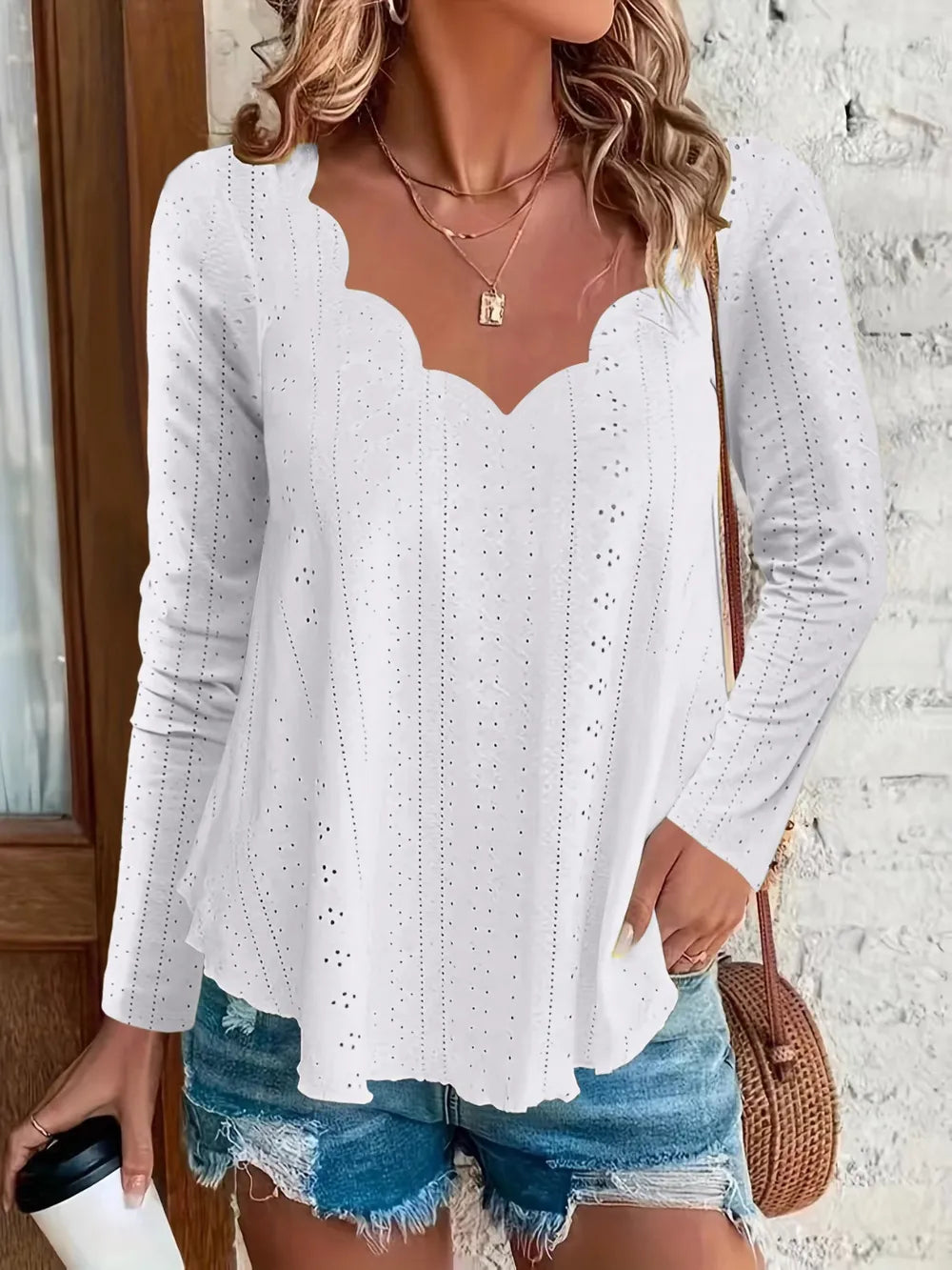 Elegant women's eyelet long sleeve blouse from Plush Fashion Hub, featuring a versatile stretchy office top with intricate eyelet details.
