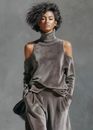 Women's Korean velvet long sleeve top and pants set by FitiqueFit, featuring a comfortable casualwear design in soft velvet fabric.