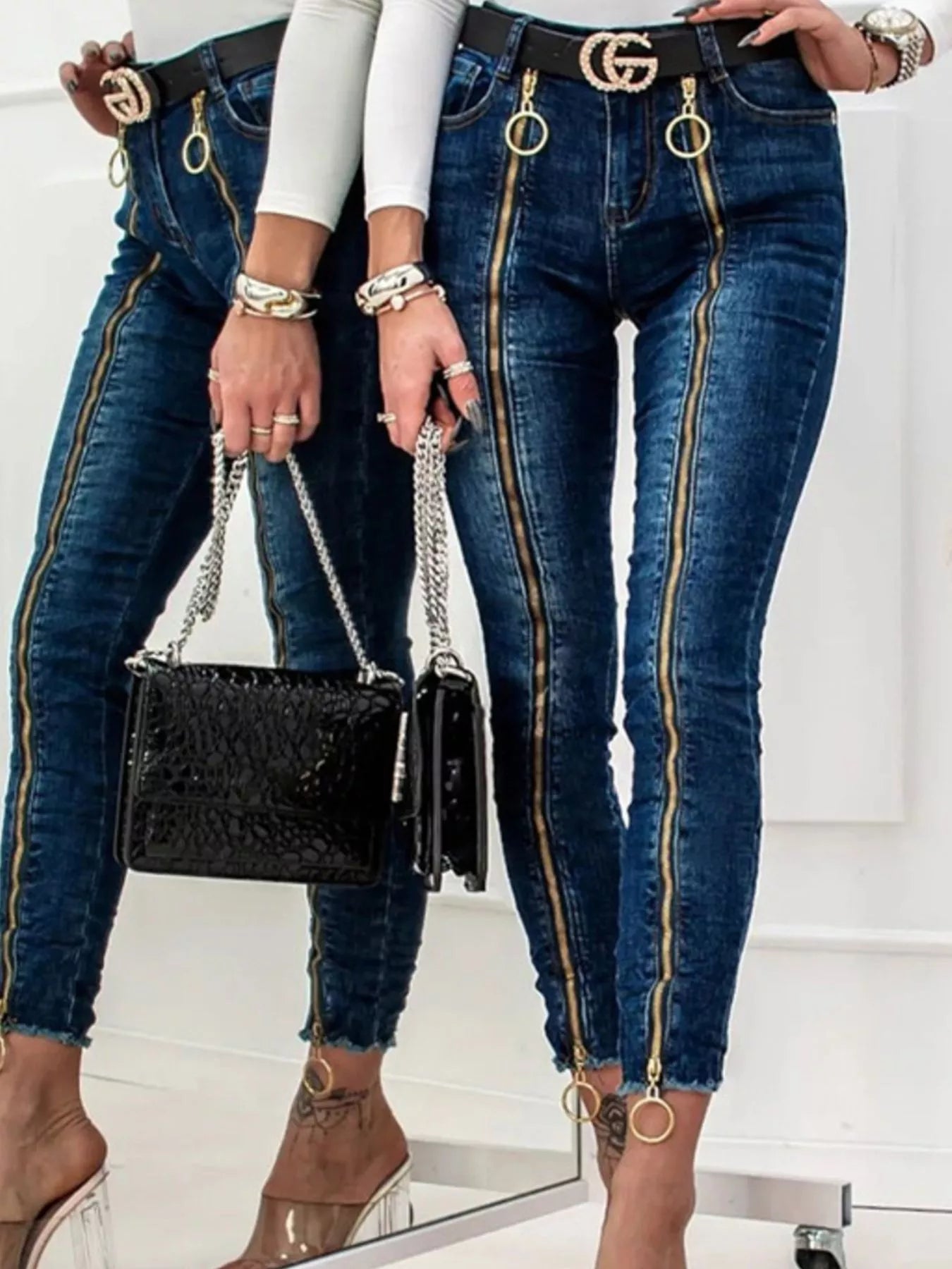 Plush Fashion Hub zipper front skinny jeans featuring a fitted denim style with front zipper detail and classic five-pocket design.