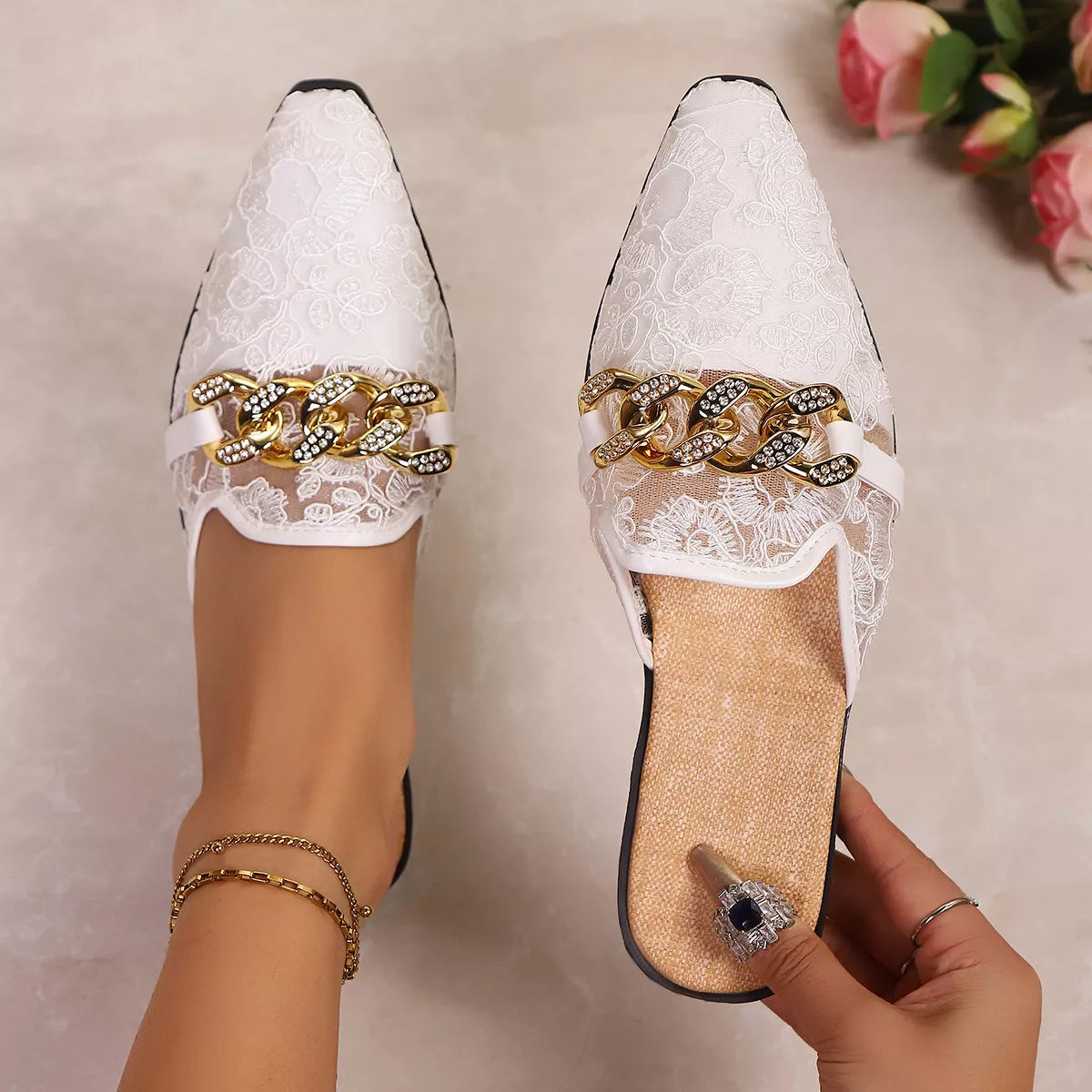 Point toe chain detail sandals by Shopimist featuring sleek design and open toes, perfect for stylish summer footwear.