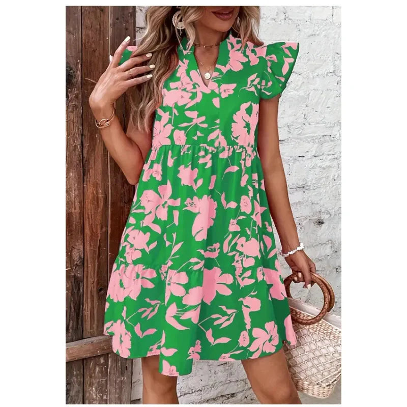 Women’s floral A-line vacation dress from Plush Fashion Hub, featuring a casual, lightweight fabric with a vibrant floral pattern.