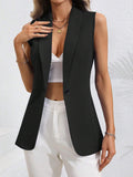 Women's sleeveless FitiqueFit cardigan jacket with single-button closure and round neck, styled as a blazer or jacket.