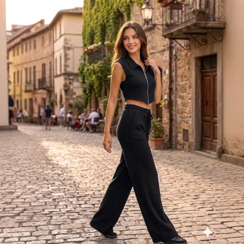 Women's sleeveless vest and wide-leg pants set by FitiqueFit, casualwear with a stylish sleeveless vest and flowing wide-leg pants.