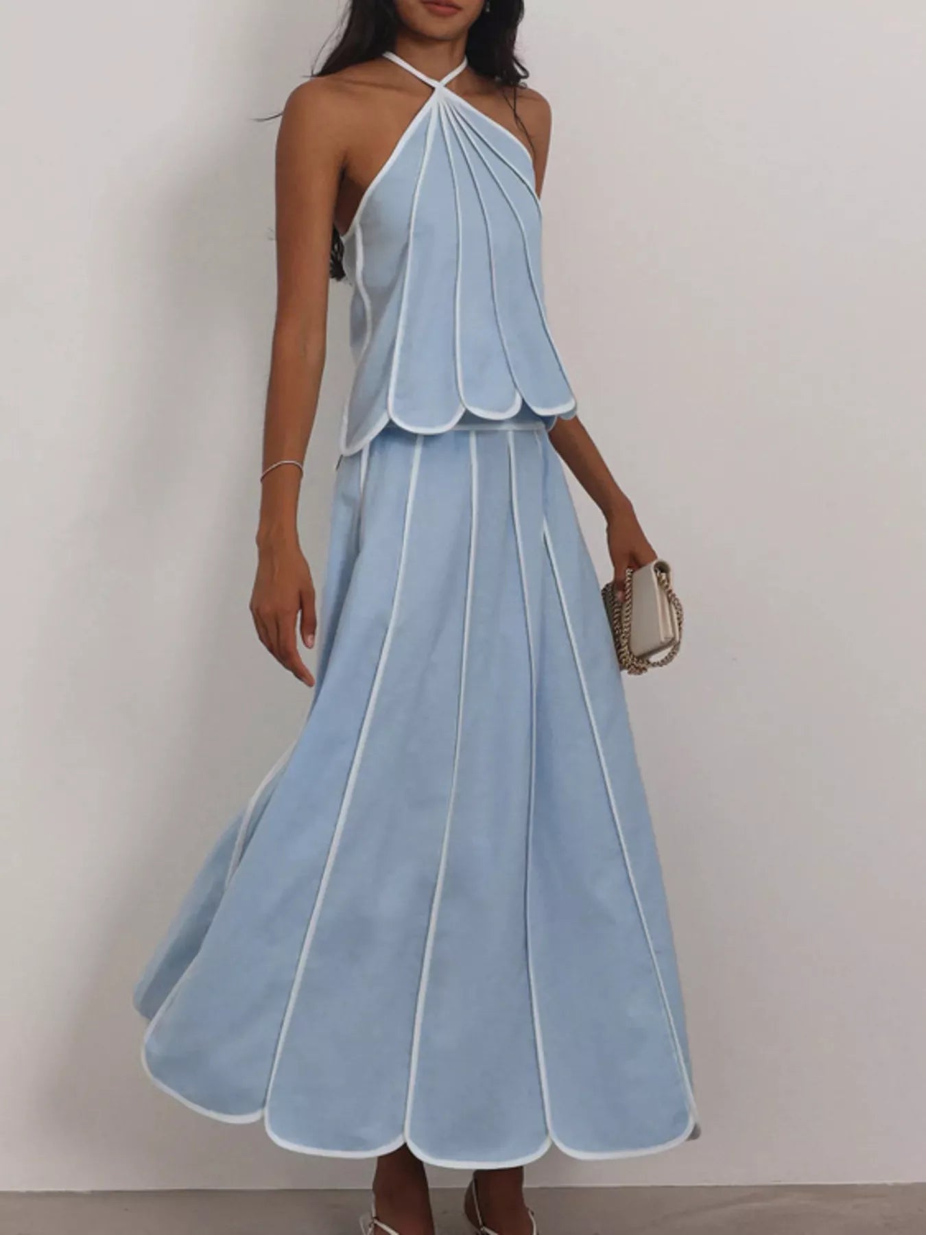 Halter neck scalloped hem top and skirt set by Shopimist, featuring a stylish coordinated outfit with scalloped details.