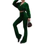 Women's velvet high-waist top and flared pants two-piece set, casual autumn fashion, in a stylish LadyShow.Store design.
