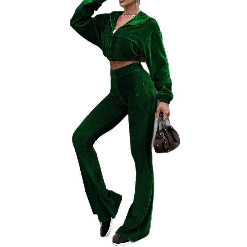 Women’s autumn velvet high-waist top and flared pants two-piece set by Plush Fashion Hub, featuring a stylish, cozy design.