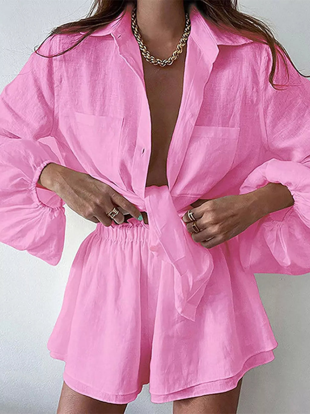 Shopimist button-up long sleeve shirt and shorts set, two-piece casual outfit with lightweight fabric and stylish design.