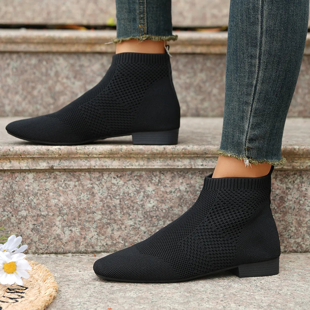 Women's Mesh Knit Ankle Boots with stretch comfort fit, stylish trendy shoes featuring breathable mesh knit material.