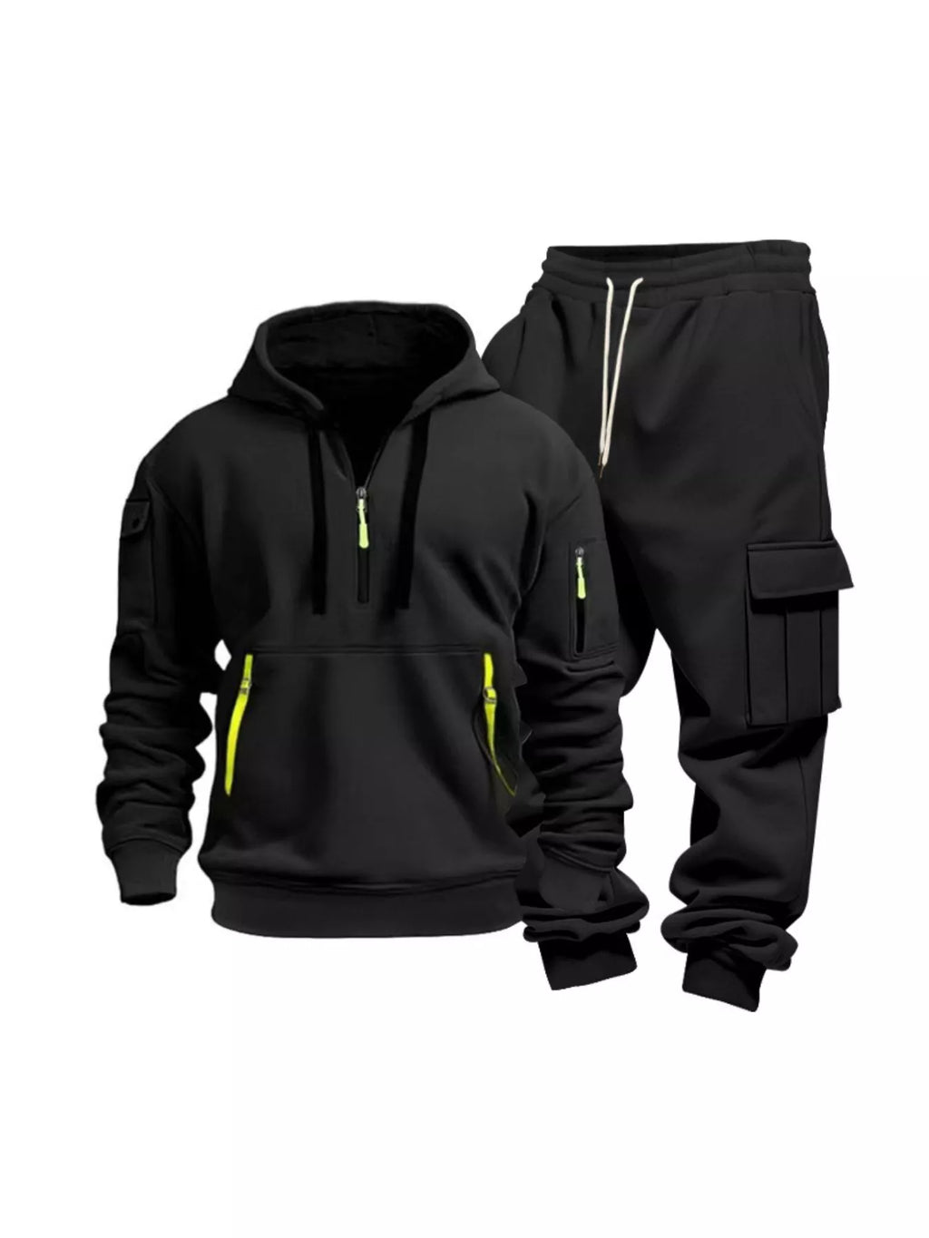 Plus size men's full zip hoodie and cargo pants set by Shopimist, featuring a comfortable half-zip design and spacious cargo pockets.
