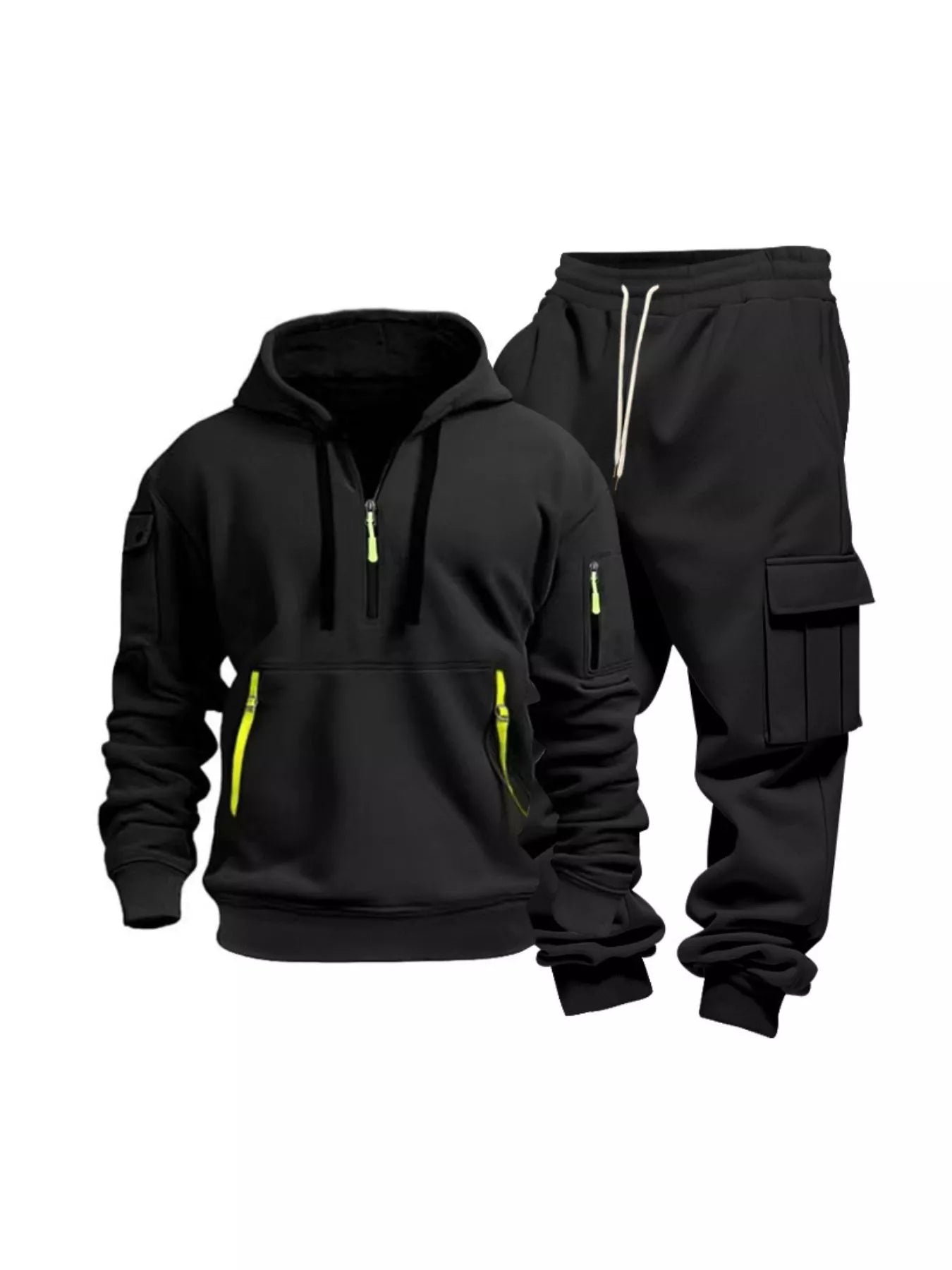 Plus size men's full zip hoodie and cargo pants set by Shopimist, featuring a comfortable half-zip design and spacious cargo pockets.