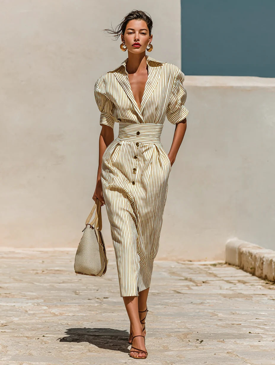 Women's striped lace-up shirt dress by FitiqueFit featuring a high waist, slim fit, and midi length in casual style.