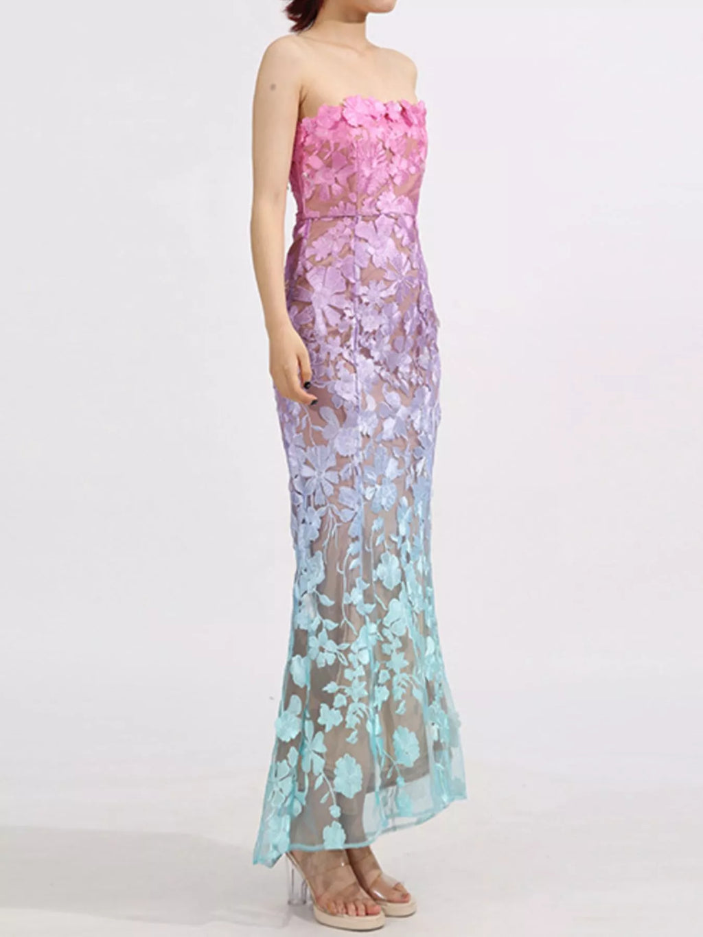 Floral embroidered tube maxi dress by Shopimist featuring colorful flower patterns and a fitted, strapless design.