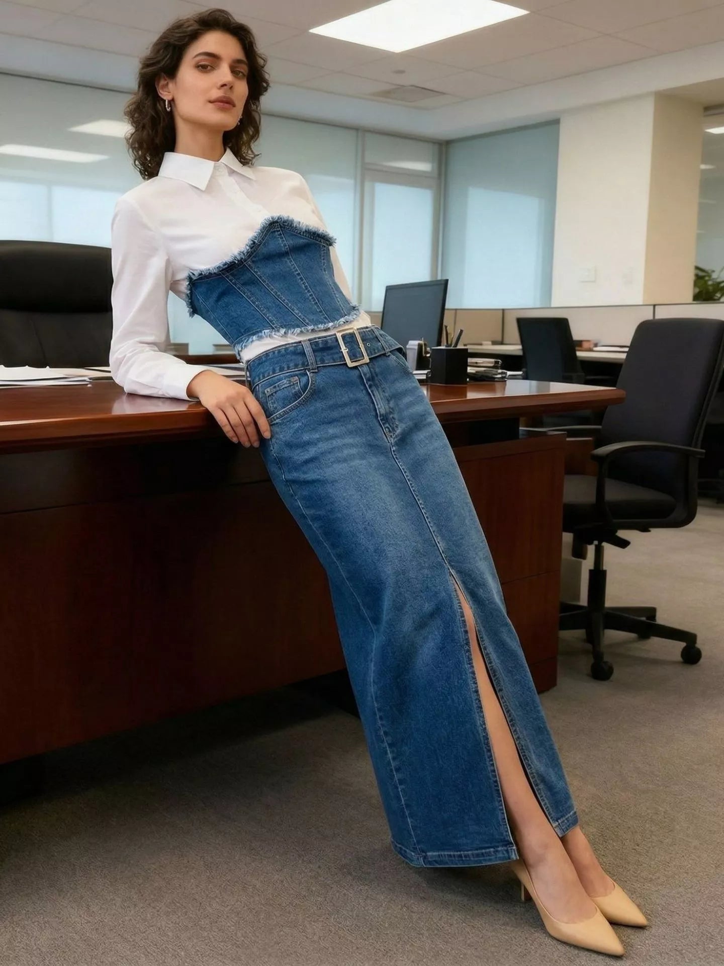 Frayed denim patchwork top and slit maxi skirt set from Plush Fashion Hub, showcasing casual chic style and distressed denim details.