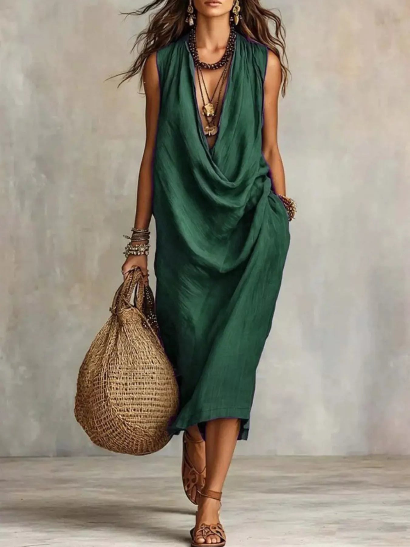Plus size full size cowl neck sleeveless midi dress by Trendsi, featuring a flowing silhouette and elegant design.