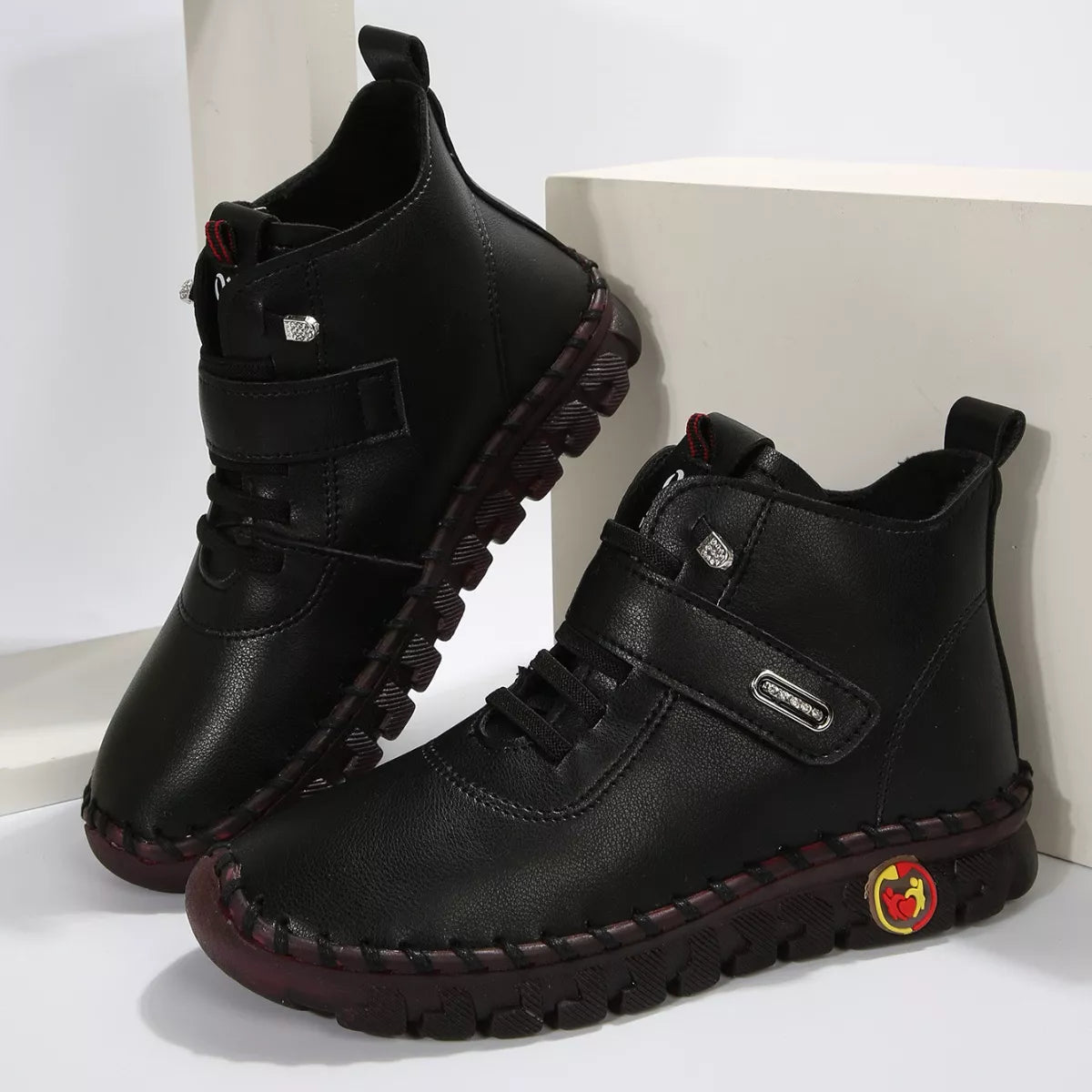 Trendsi lace-up platform ankle boots with chunky heels, black leather and stylish design, perfect for trendy footwear.