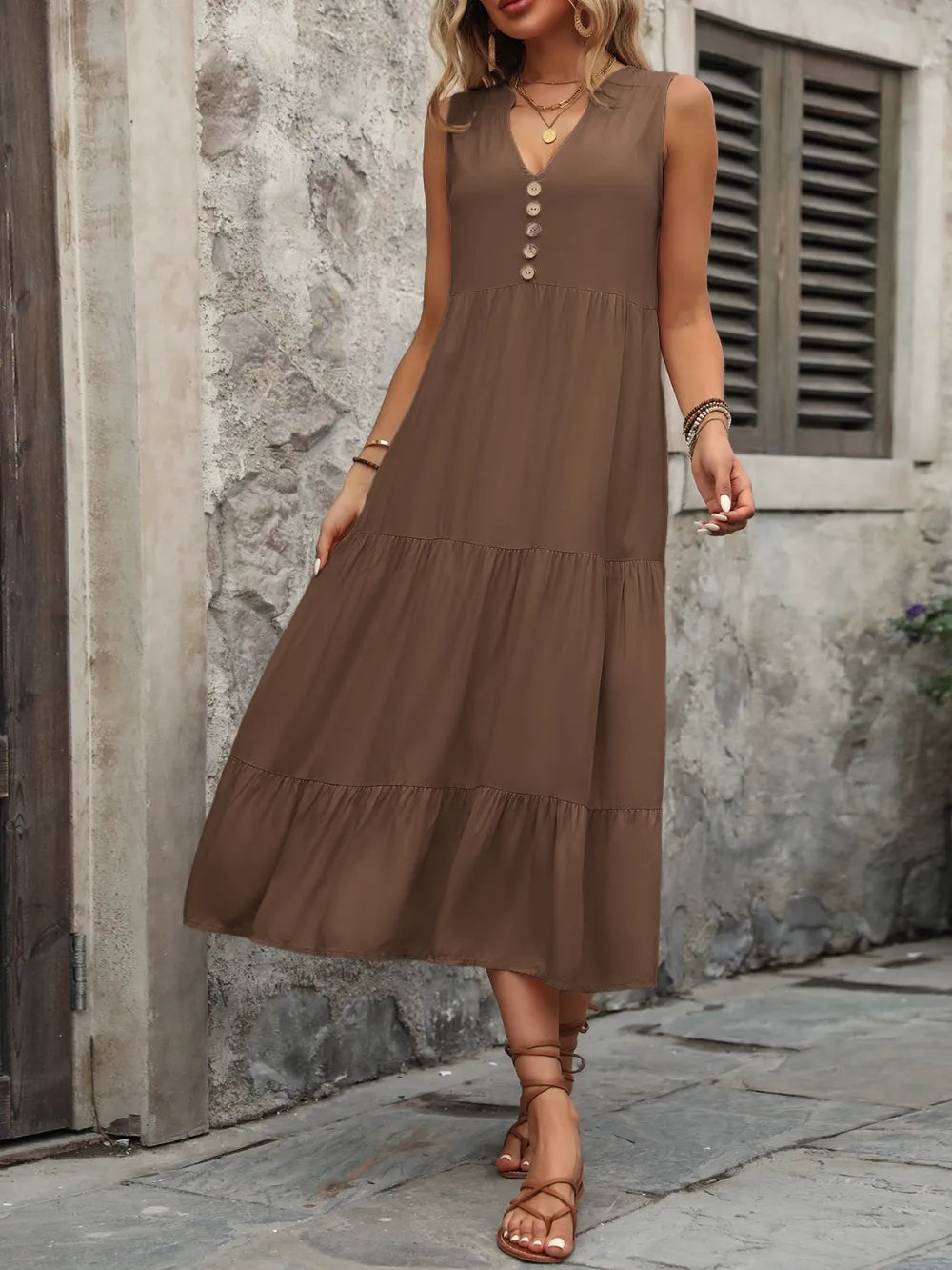 Ivy Lane women's sleeveless button-down dress with notched neckline, made of 100% cotton, displayed on a hanger.