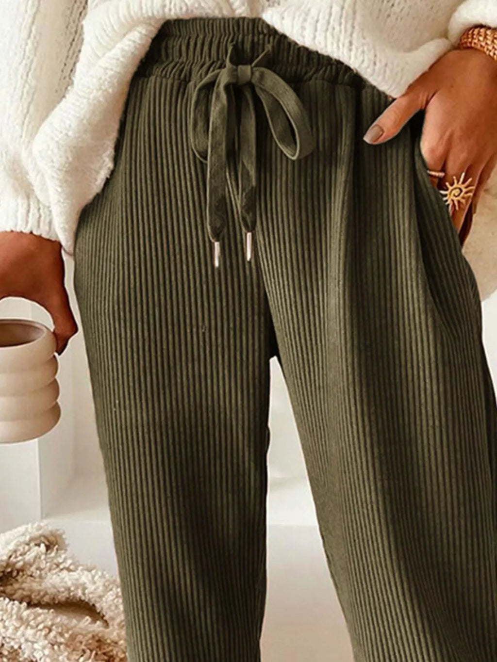 Casual corduroy drawstring waist pants in neutral color, from Simply Love, featuring a relaxed fit and comfortable style.