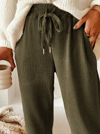 Casual corduroy drawstring waist pants in neutral color, from Simply Love, featuring a relaxed fit and comfortable style.