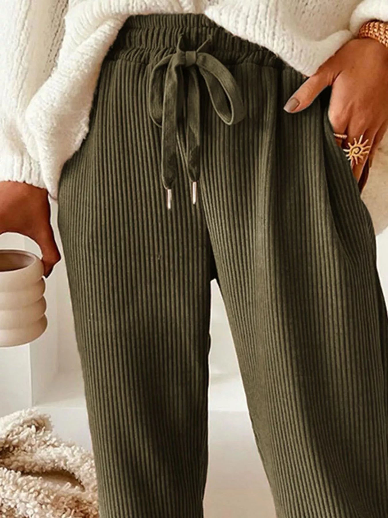Casual corduroy drawstring waist pants in neutral color, from Simply Love, featuring a relaxed fit and comfortable style.